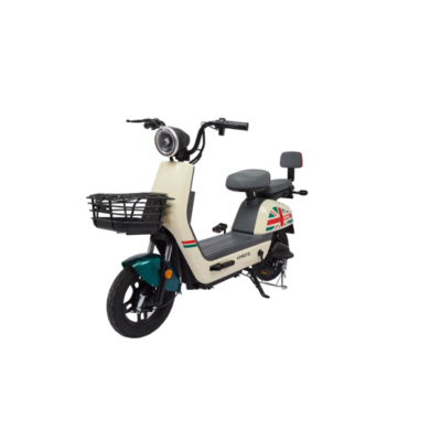 Motoneta eléctrica multicolor con doble asiento y canasta al frente