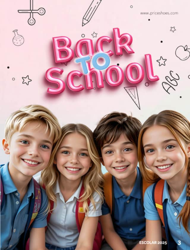 Catálogo Escolar 2025 de Price Shoes con niños en la portada