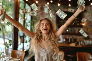 Mujer levanta los brazos y lanza dinero