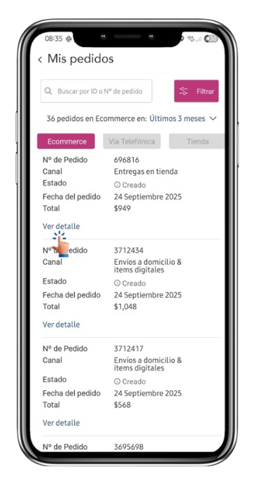 Vista "Mis Pedidos" desde la app Price Shoes