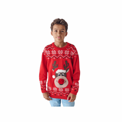 Suéter navideño niño Niño con suéter navideño en color rojo con diseño de reno