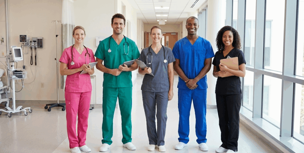 Personal médico con pijamas quirúrgicas